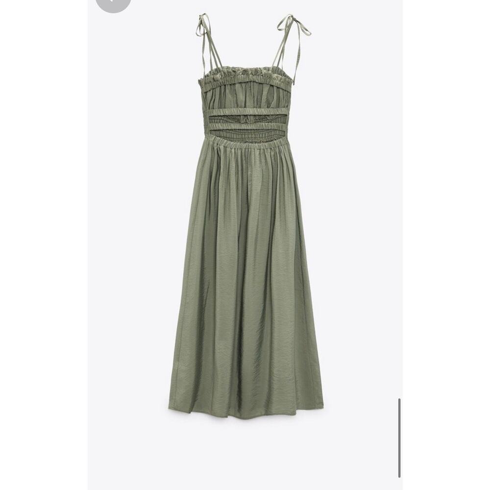 Zara Green Open Elastic Ruffle Back Spaghetti Strap Midi Dress - Picture 5 of 13